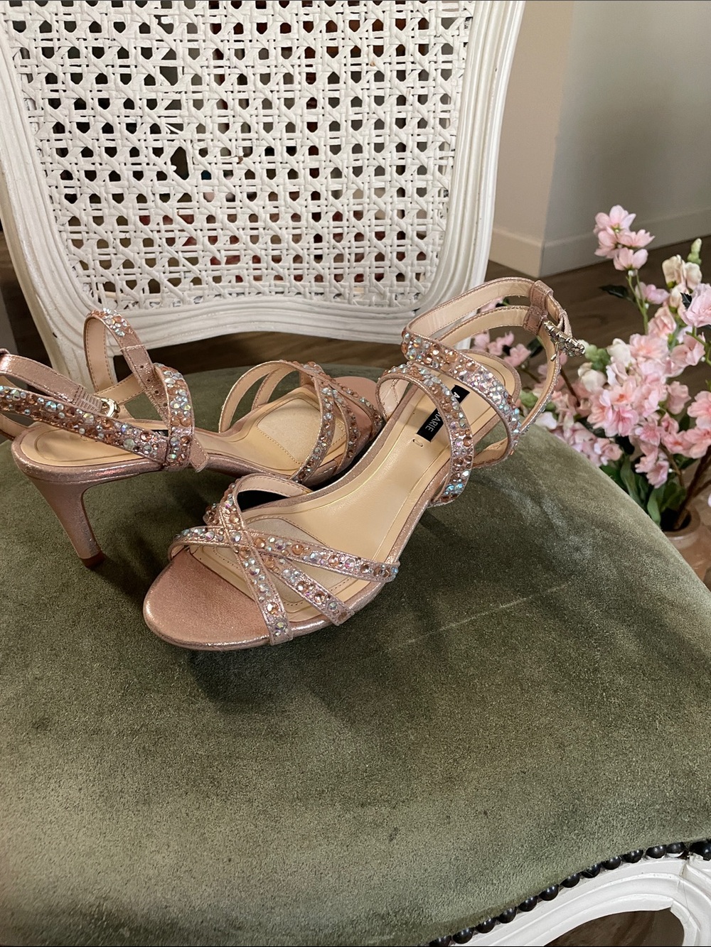 Alex Marie Rose Gold Jeweled Strappy Heels